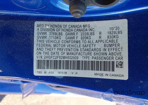 2021 Honda Civic Sport из США, поврежденный, VIN 2HGFC2F82MH502909